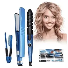 OEM - Kit Nano Plancha Alizador Laceador de Cabello + Tenaza Ondulador Rizador + Peineta