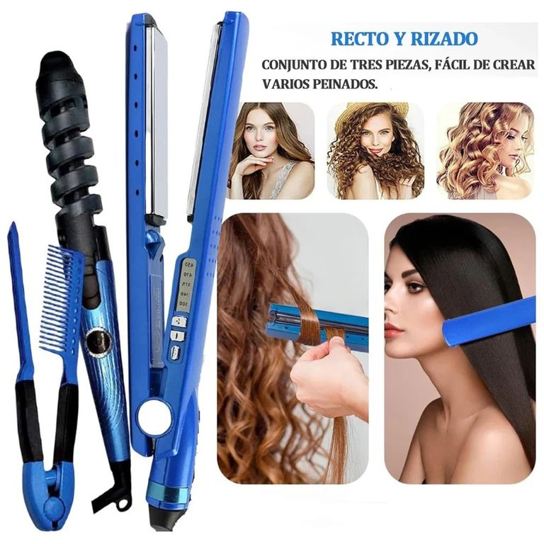 Kit Nano Plancha Alizador Laceador de Cabello + Tenaza Ondulador Rizador + Peineta