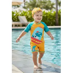 GENERICO - Ropa de Baño para Niño UV Naranja con Dinosaurio Dentro de Nave Ovni
