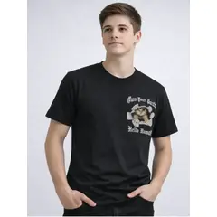 ENKI - POLO HOMBRE NEGRO 100% ALGODÓN ESTAMPADO GATOS HELLO HUMAN ESPALDA MANGA CORTA REGULAR FIT