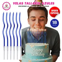 GENERICO - Velas Tallarin Azules Premium para Cumpleaños Pack de 18 unidades