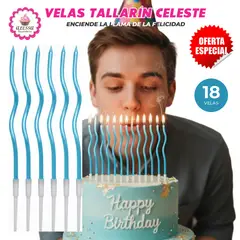 GENERICO - Velas Tallarin Celestes Premium para Cumpleaños Pack de 18 unidades