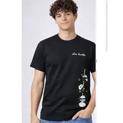 ENKI - Polo Hombre Negro Algodón Jersey con Estampado Panda Slow Hustle