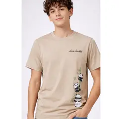 ENKI - Polo Hombre Beige Algodón Jersey con Estampado Panda Slow Hustle