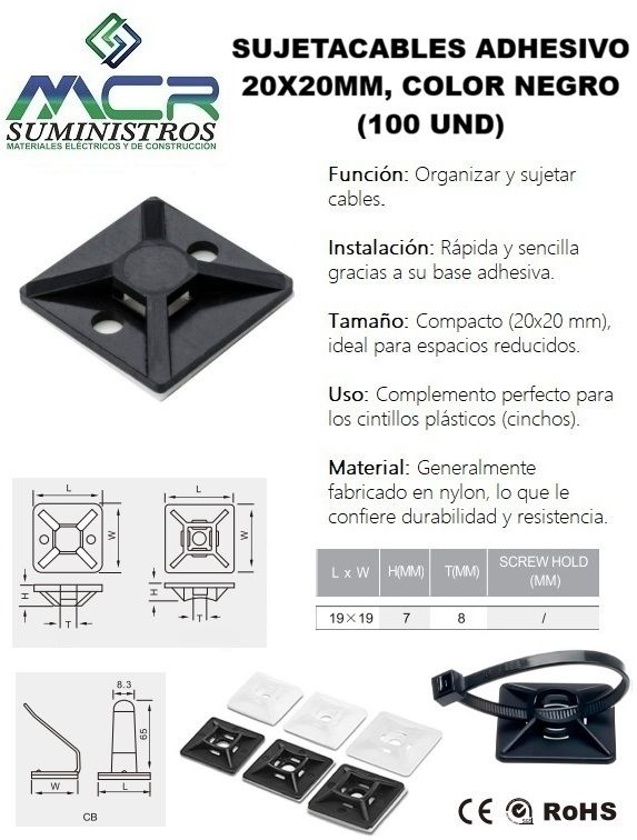 SUJETACABLE ADHESIVO 20X20MM NEGRO 100UND