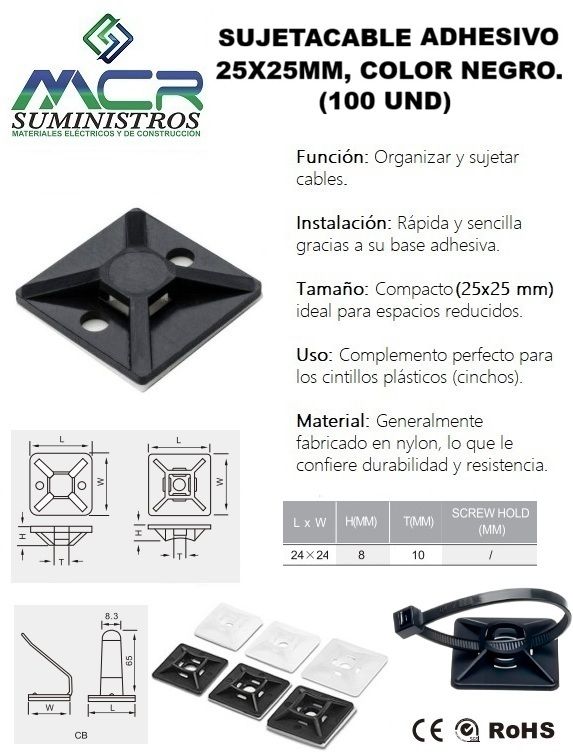 SUJETACABLE ADHESIVO ADHESIVO 25X25MM NEGRO 100UND