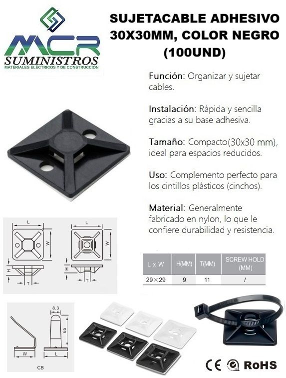 SUJETACABLE ADHESIVO 30x30MM NEGRO 100UND