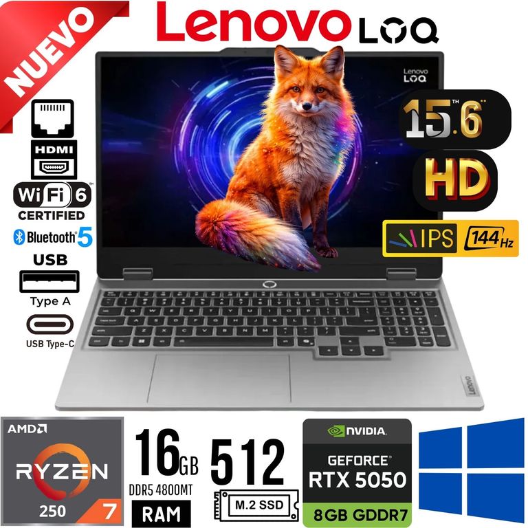 Laptop LOQ 15AHP10 Ryzen 7 250 Ram 16Gb SSD 512Gb RTX 5050 8Gb 15.6" FHD