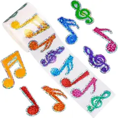 GENERICO - 100 stickers en rollo notas musicales con brillo