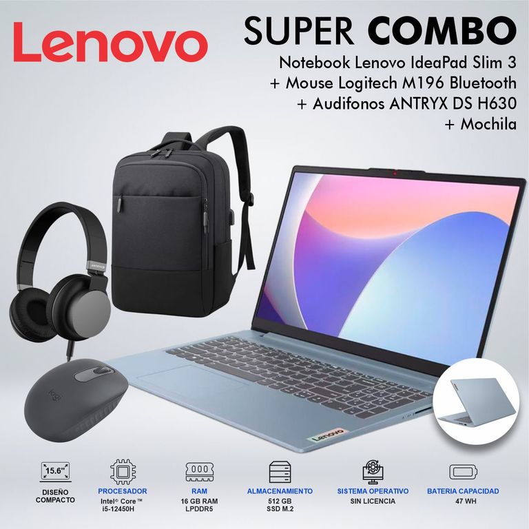 LAPTOP IDEAPAD SLIM 3 INTEL CORE i5-12420H MEMORIA 16GB LPDDR5 DISCO 512GB SSD M2