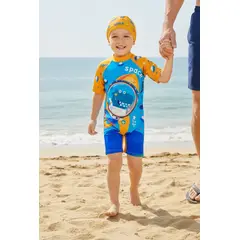 GENERICO - Ropa de Baño para Niño UV Celeste con Dinosaurio Astronauta en Nave