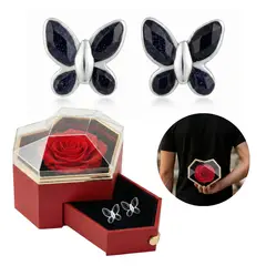 GENERICO - Aretes Mariposa Azul + Estuche Rosa Regalo Novia Aniversario Plata 950