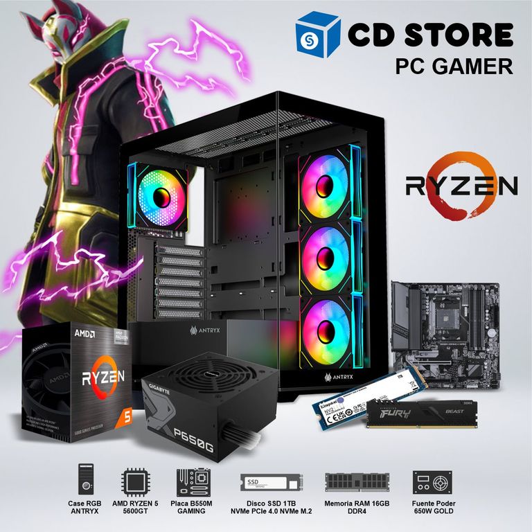 PC Gamer - RYZEN 5 5600GT, RAM 16GB SSD 1TB CASE RGB FUENTE GOLD 650W