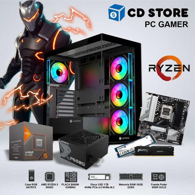 PC Gamer - RYZEN 5 8600G, RAM 16GB SSD 1TB CASE RGB FUENTE GOLD 650W