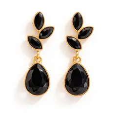 FERNANDA ROMERO JOYAS Y ACCESORIOS - Aretes BRILLANTES HOJITAS Y GOTAS - Llargos y Dorados Elegantes Lindos - Negros