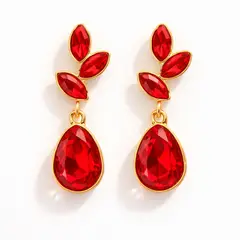 FERNANDA ROMERO JOYAS Y ACCESORIOS - Aretes BRILLANTES HOJITAS Y GOTAS - Llargos y Dorados Elegantes Lindos - Rojo