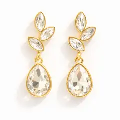 FERNANDA ROMERO JOYAS Y ACCESORIOS - Aretes BRILLANTES HOJITAS Y GOTAS - Llargos y Dorados Elegantes Lindos - Blanco