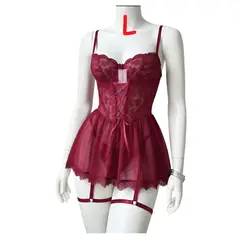 GENERICO - BABYDOLL DE ENCAJE LENCERÍA SEXY MUJER PORTALIGAS VINO TALLA L