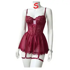 GENERICO - BABYDOLL DE ENCAJE LENCERÍA SEXY MUJER PORTALIGAS VINO TALLA S