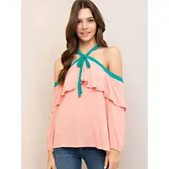 MARTINELA - Blusa Top Mujer Coral Hombros Caídos con Volantes