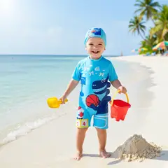 GENERICO - Ropa de Baño para Niño UV con Dinosaurio Basquetbolista Celeste