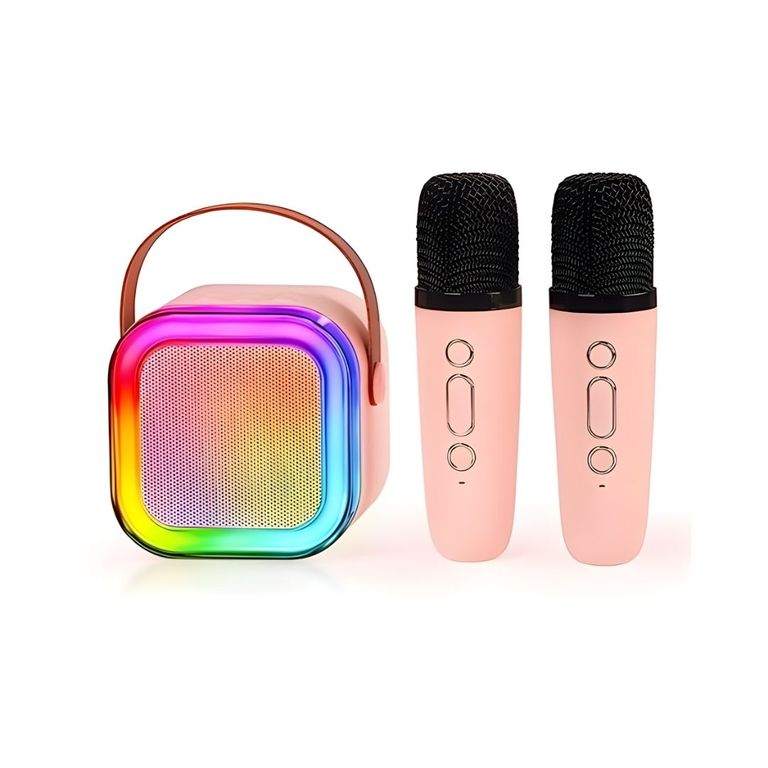 Parlante Karaoke Bluetooth Portátil con 2 Micrófonos Inalámbricos Color Rosado