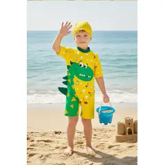 GENERICO - Ropa de Baño Amarilla para Niño UV con Dinosaurio Verde Cuello Largo