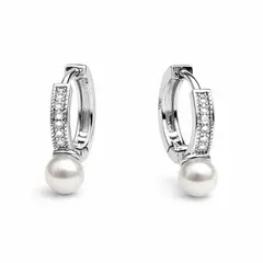 GENERICO - Aros Argolla Acero Inoxidable Tono Plata con Perla y Cristales