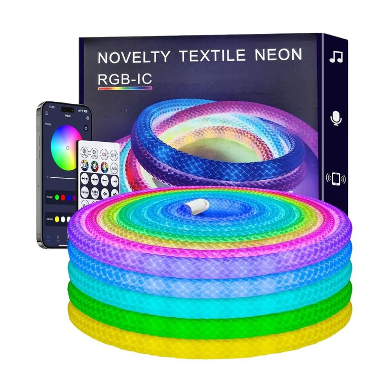 Tira LED Neón RGB-IC Textil 5 Metros con App y Control, Luces con Música y Millones de Colores USB