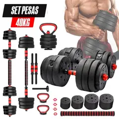 GENERICO - SET MANCUERNAS 40 KG PVC – PESAS + BARRA + PESA RUSA