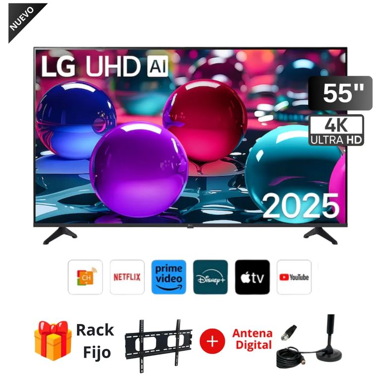Televisor 55 Pulg UltraHD 4K AI ThinQ 55UA7300PSB Modelo 2025 - RACK + ANTENA