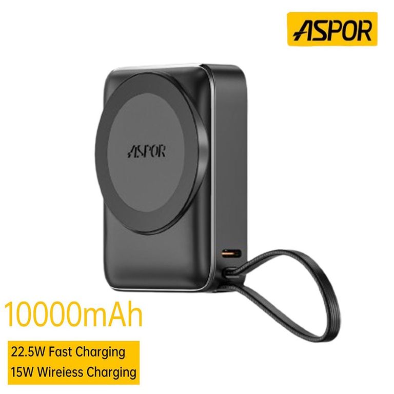 Batería Externa Cargador Portátil ASPOR 10 000 mAh Negro A313 Carga Rápida Inalámbrica