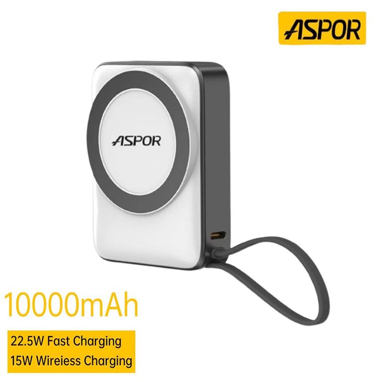 Batería Externa Cargador Portátil ASPOR 10 000 mAh Blanco A313 Carga Rápida Inalámbrica