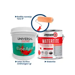 UNIVERSAL COLORS - Pintura Látex Acrílico Antihongos blanco mate 1gl+ Rodillo Toro melón 9+ WaterTite 1gl