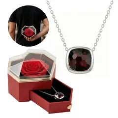 GENERICO - Collar Mujer Cuadrado Circonita Color Rubi + Estuche Rosa Regalo Mamá Plata 925