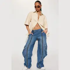 BENCUS JEANS - Pantalón Baggy Cargo Mujer Tiro Alto Mezclilla Gris Negro Cierres Y2K