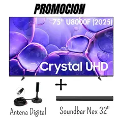 SAMSUNG - Televisor 75 Pulgadas Crystal 4K TizenOs UN75U8000FG + Antena Digital + Soundbar Nex (2025)