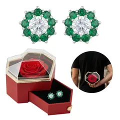 GENERICO - Aretes Flor Circonita Verde + Estuche Rosa Regalo Mamá Plata 950