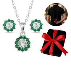 GENERICO - Set Aretes Collar Flor Circonita Verde Regalo Mamá Plata