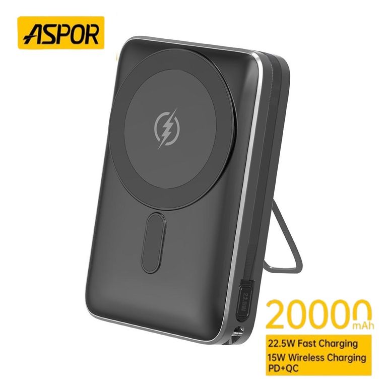Batería Externa Cargador Portátil ASPOR 20,000 mAh Negro A386 Carga Rápida Inalámbrica