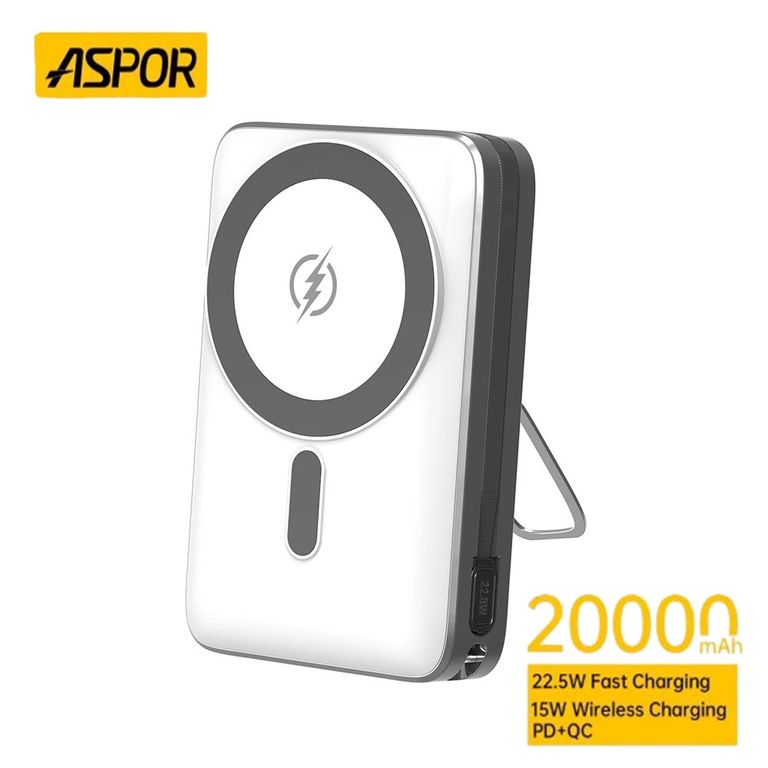 Batería Externa Cargador Portátil ASPOR 20,000 mAh Blanco A386 Carga Rápida Inalámbrica