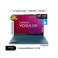 LENOVO - Laptop Yoga 7 2 en 1 14" OLED touch AMD Ryzen AI 7 350 32GB DDR5 1TB SSD, Free DOS, Lápiz