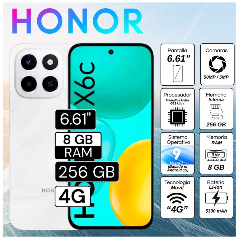 Celular X6C 6.61" Pulg. 8GB RAM 256GB RAM MagicOS 9.0 - Blanco Lunar