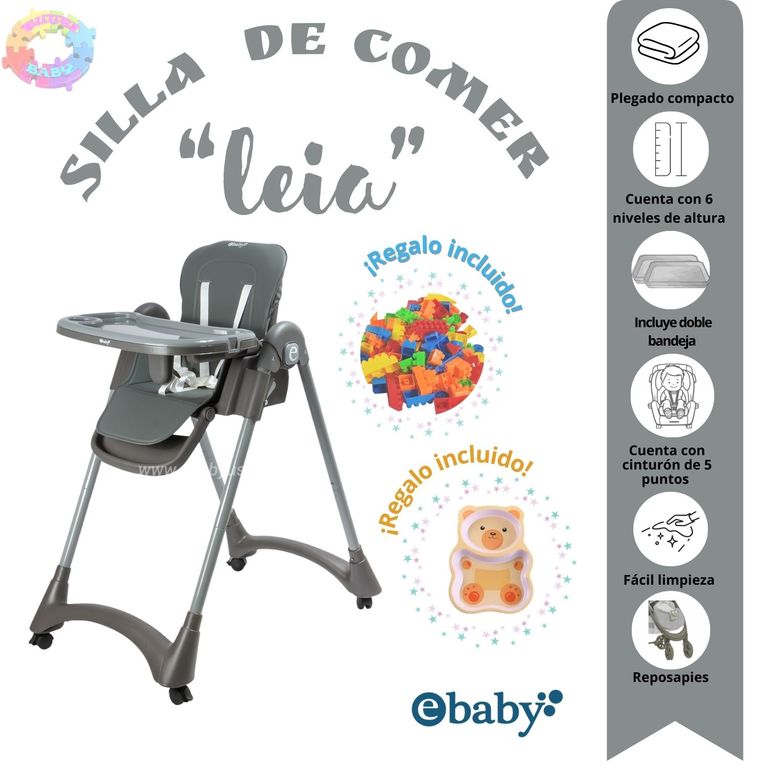 SILLA DE COMER "LEIA" PLEGABLE CON DOBLE BANDEJA - GRIS