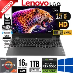 LENOVO - Laptop LOQ 15 15ARP10 Ryzen 7 250 Ram 16Gb 1Tb SSD RTX 5060 8Gb 15.6"FHD FreeDos