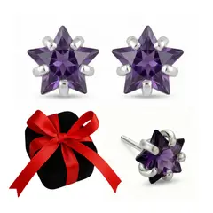 GENERICO - Aretes Niña Estrella Circonita Violeta Regalo Cumpleaños Plata 950