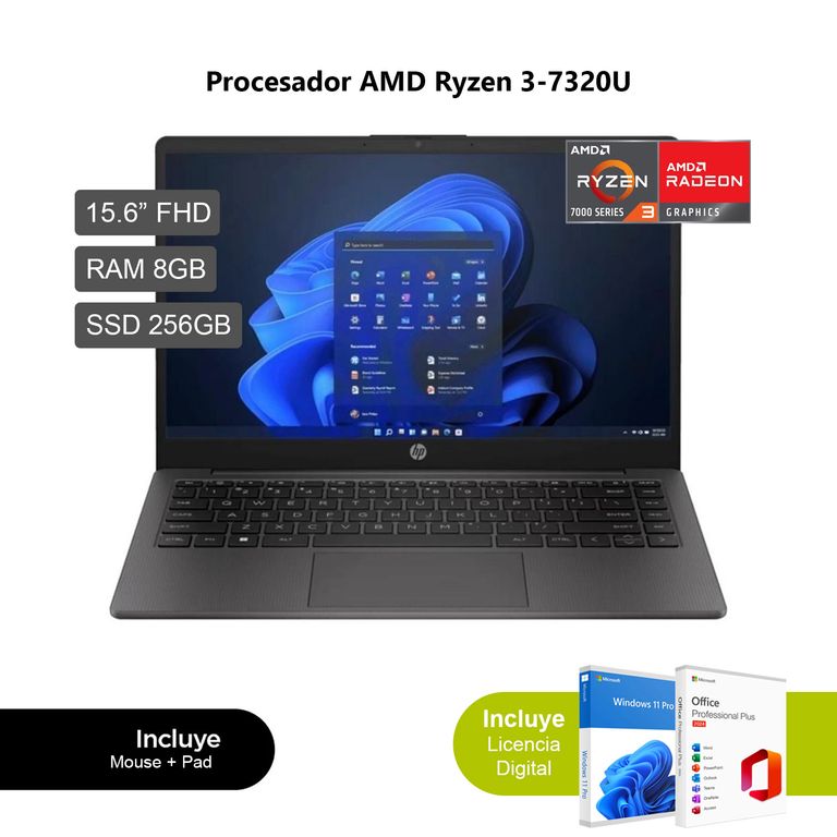 Laptop 255 G10 AMD Ryzen 3 7320U 8GB RAM 256GB SSD 15.6" HD BF9X1AT#ABM + WO