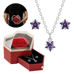 GENERICO - Set Aretes Collar Estrella Violeta + Estuche Rosa Regalo Plata