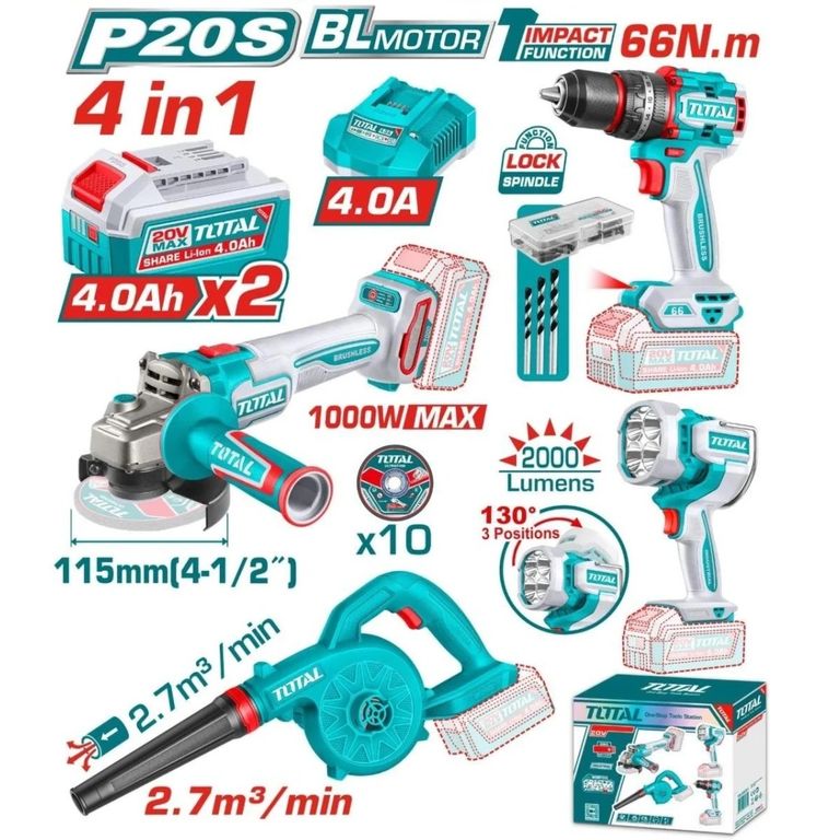 Taladro 66 Nm + Amoladora + Sopladora + Linterna 20V Total-TOSLI250993