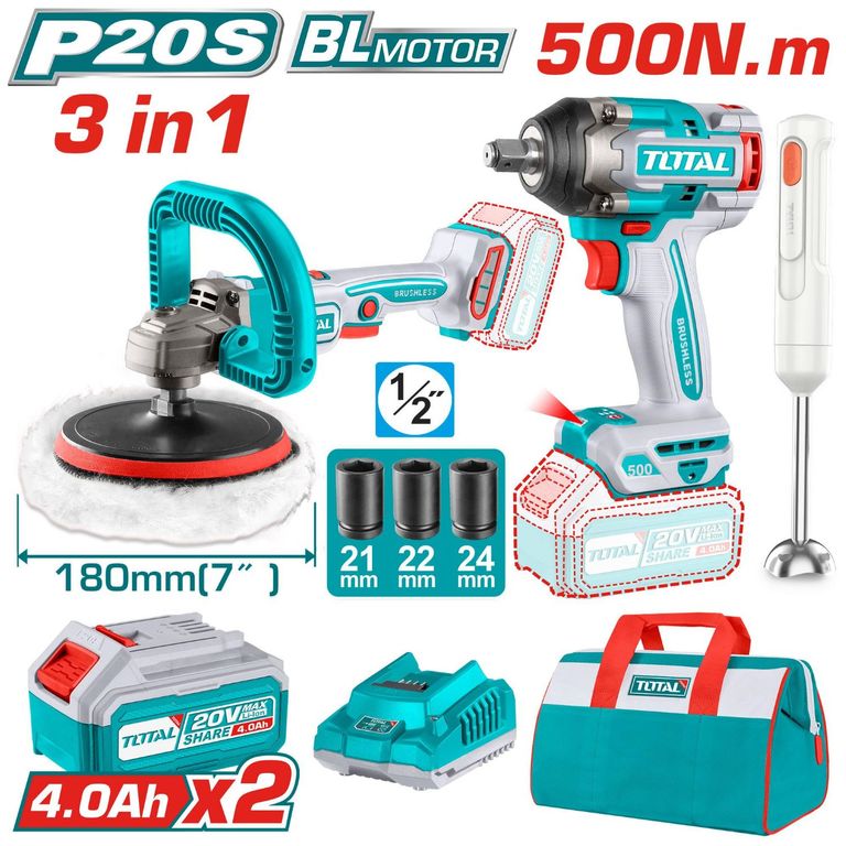 Llave de Impacto 500 Nm ½ + Pulidora 20V con Batidor Total-TOSLI240686